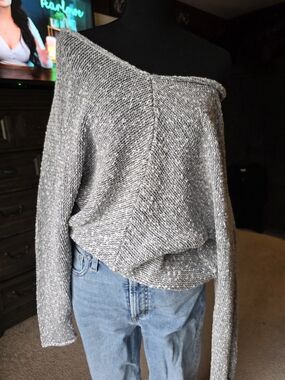 Free People Slouchy Marled Knit Oversized Sweater Gray White Large Boho